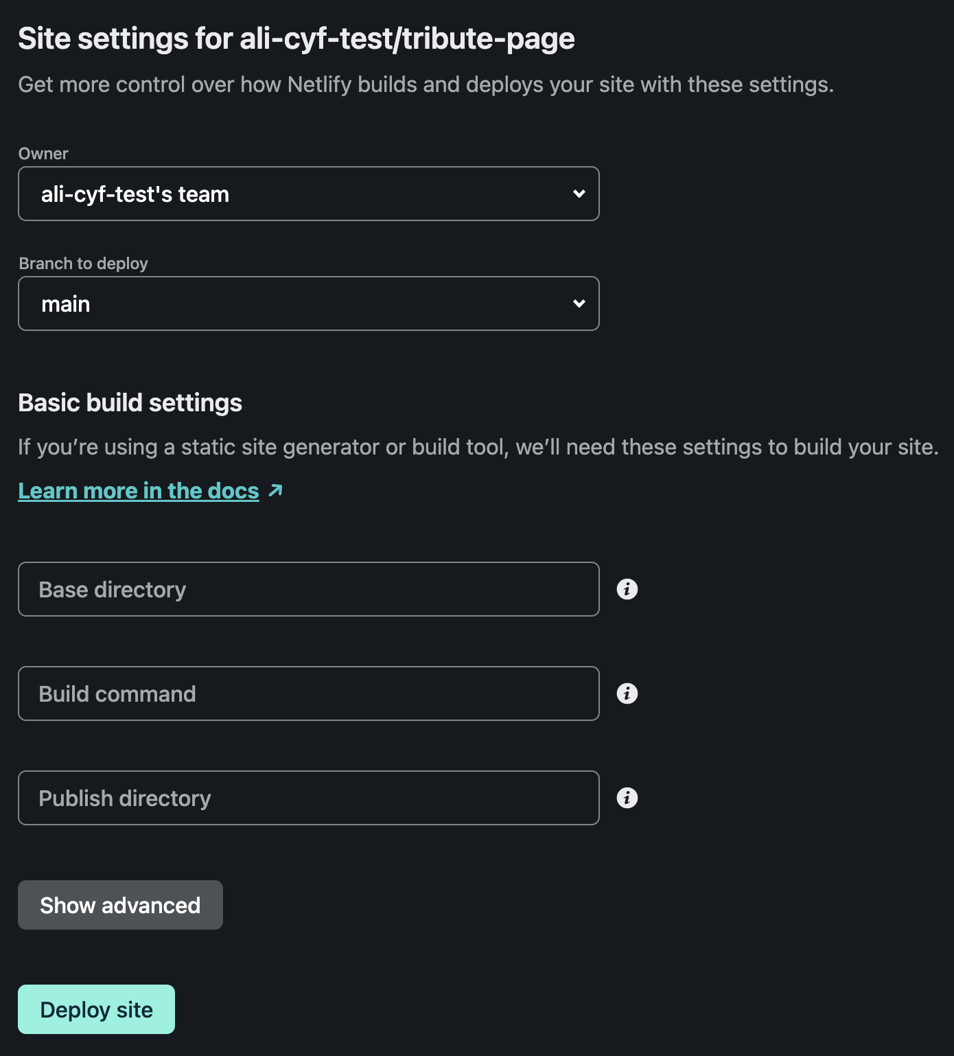 Choosing a branch to create your site from